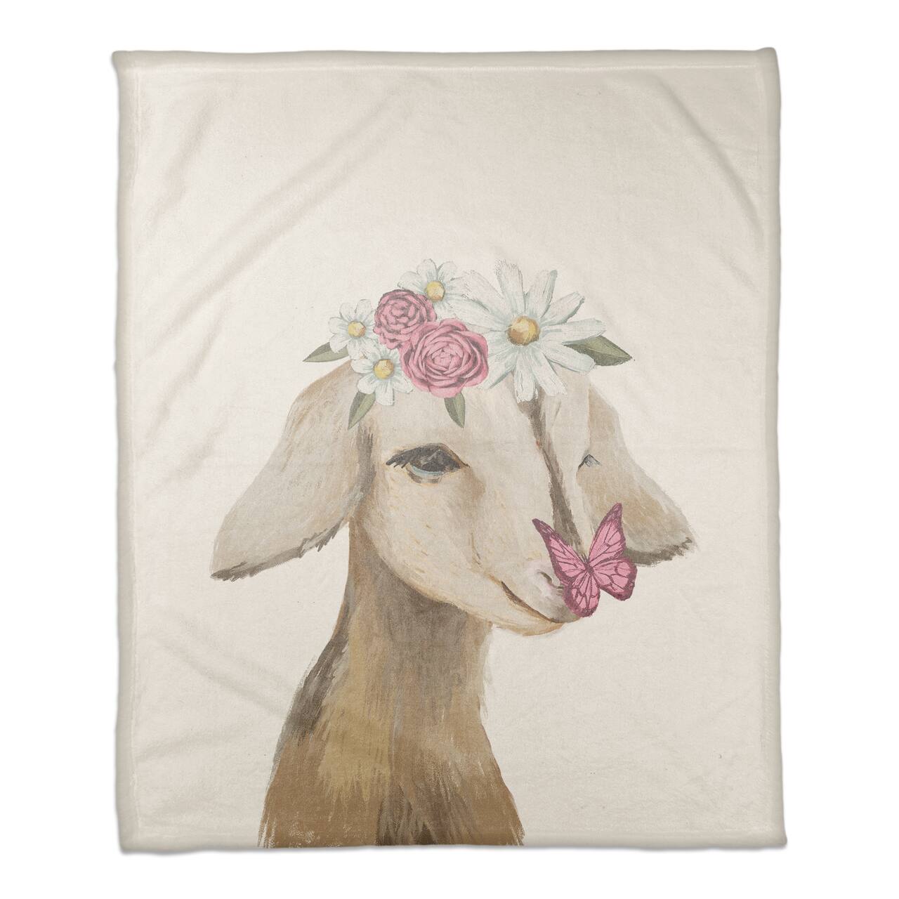 50" x 60" Cute Baby Goat with Butterfly & Flowers Coral Fleece Blanket